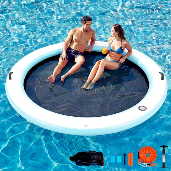 Danrelax 8FT Sunchill Round Inflatable Float Ring for Adults, Heavy Duty Hammock Pool Lounger with Pump, for Lake, Ocean & Pool