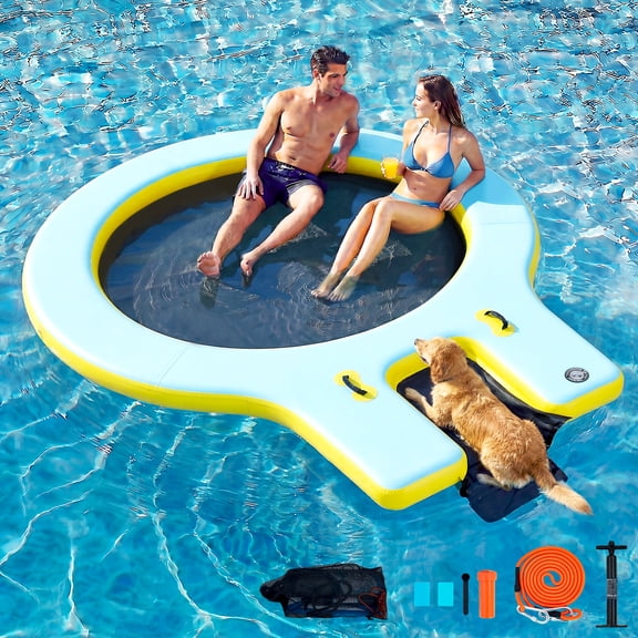 Danrelax 8' Round Inflatable Floating Dock with Dog Ramp, Sunchill Float Ring, Hammock Tanning Pool with 4in Woven Fabric, Manual Pump for 1-2 Min Quick Inflate/Deflate, Fits 2-8, Ideal for Lakes