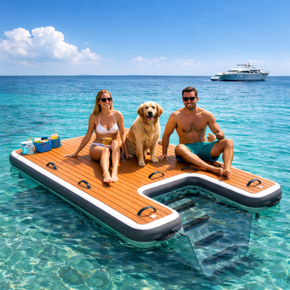 Danrelax 8' x 5' Inflatable Floating Dock with Dog Ramp, Marine-Grade Brushed PVC, Non-Slip EVA Deck, 8" Thick Swim Platform for Boats, Lake & Pool