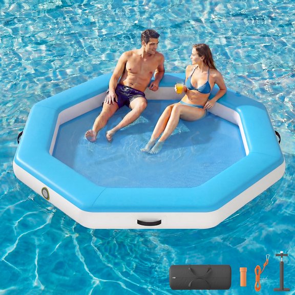 Danrelax 8FT Octagon Inflatable Floating Dock with Woven Fabric Deck, Large Floating Island for Lake Pool Ocean, Heavy Duty Sunchill Float Ring with Quick Inflate Pump, Supports 2 to 8 Adults, Blue