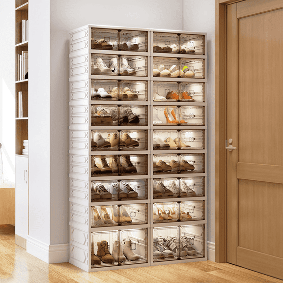 Danrelax 9-Tier Foldable Shoe Rack Organizer, 36 Pairs Stackable & Collapsible Shoe Cabinet with Transparent Doors & Leather Handles, Space-Saving Storage for Entryway, Closet, Kitchen, White