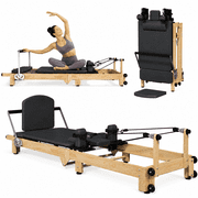 Danrelax 92" Foldable Pilates Reformer Machine, Wooden-Look Home Gym Equipment with Resistance Springs, Latex Resistance System, 90% Pre-Assembled Workout Bundle, Black Cushioned