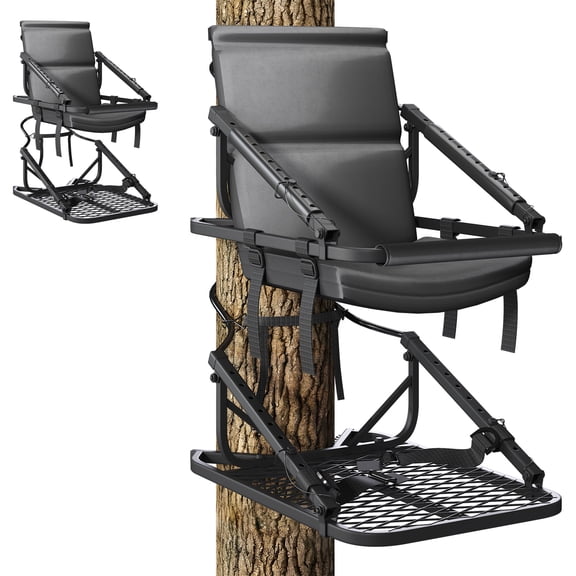 Danrelax Climbing Tree Stand with Seat, Heavy-Duty Portable Steel Hunting Tree Stand with Safety Harness, 300 lbs Capacity, Black