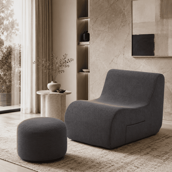 Danrelax Ergonomic Bean Bag Chair with Ottoman, L-Shaped Corduroy Bean Bag Sofa Lounge Chair with Removable Cover, Foam Filled Floor Chair for Living Room, Gaming, Reading, Grey
