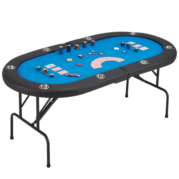 Danrelax Foldable Poker Table, 8 Player Oval Texas Hold'em Game Table with Stainless Steel Cup Holders, Padded Rail and Carrying Bag, Blue