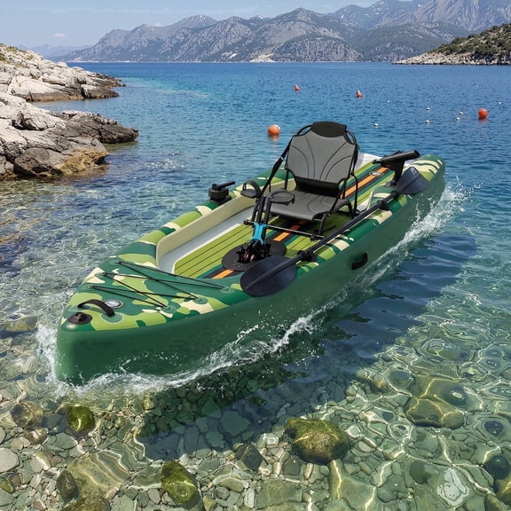 Danrelax 12ft Inflatable Kayak with Pedal System, Lightweight & Portable with Aluminum Seat, Rudder System, and Accessories Included, Green & Camouflage