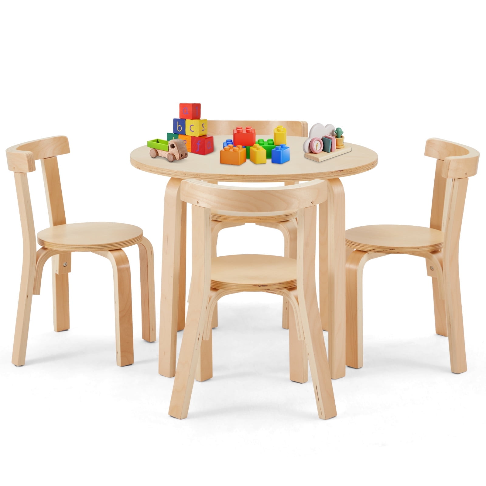Danrelax Kids Solid Wooden Table and 4 Chairs Set - Round Table and Chair Set for Children, EN71 Certified, Birch Veneer - Wooden Dining Play Set for Children, Durable Wooden Play Table and Chairs