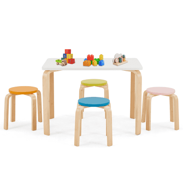 Danrelax Kids Wood Table and Chairs Set - Toddler 4-Piece White Wooden Play Set