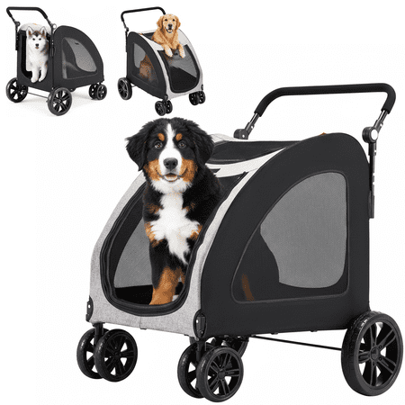 Danrelax Large Pet Stroller for Large/Medium Dogs, 77 lb Capacity, 12" All-Terrain Shock Absorbing Wheels, Waterproof 600D Grey Linen, Heavy-Duty Extra Large Pet Pram, Foldable Travel Stroller