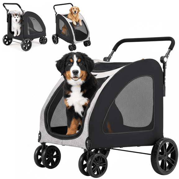 Danrelax Large Pet Stroller for Large/Medium Dogs, 77 lb Capacity, 12" All-Terrain Shock Absorbing Wheels, Waterproof 600D Grey Linen, Heavy-Duty Extra Large Pet Pram, Foldable Travel Stroller