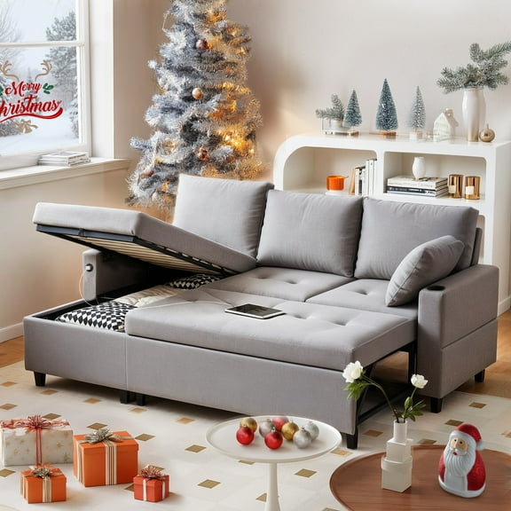 Danrelax Linen Fabric L Shaped Sofa with USB, Cup Holder and Hidden Storage Space, Light Grey