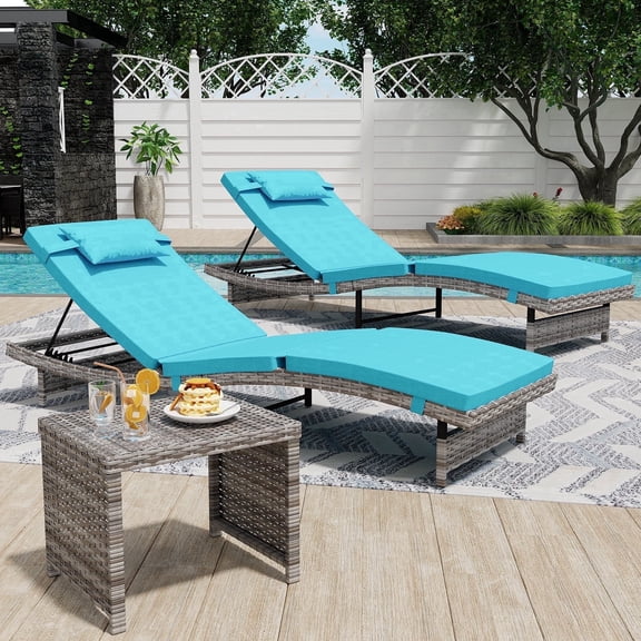 Danrelax Long Reclining Chair Lounge Set of 3, Modern Adjustable Backrest & Side Table, Blue