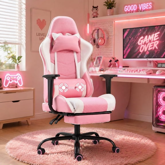 Danrelax Massage Gaming Chair with Footrest, Ergonomic PU Leather Racing Office Chair with Headrest and Lumbar Pillow, Reclining Computer Chair, Pink White