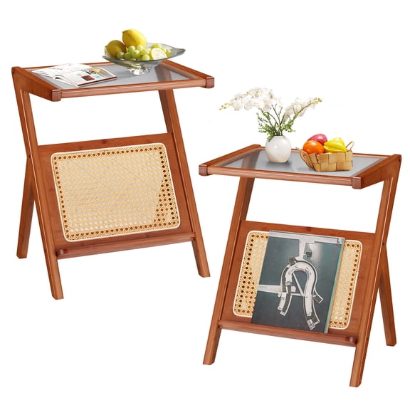 Danrelax Mid-Century Modern Rattan Side Tables - Boho Bamboo End Tables with Storage, Set of 2 Perfect for Living Room or Bedside