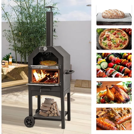 Danrelax Outdoor Pizza Oven Portable Wood Fired Pizza Oven with Side Handles &Two Wheels Grill Rack for Backyard
