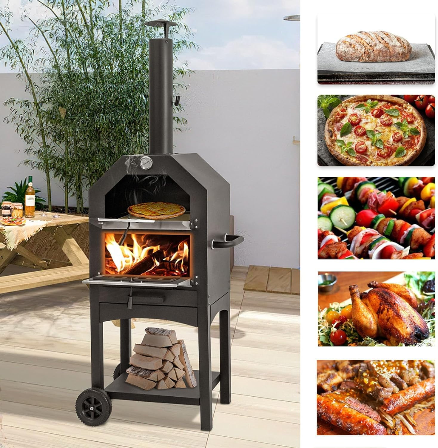 Danrelax 63'' Wood Outdoor Residential Pizza Ovens, Black- Waterproof
