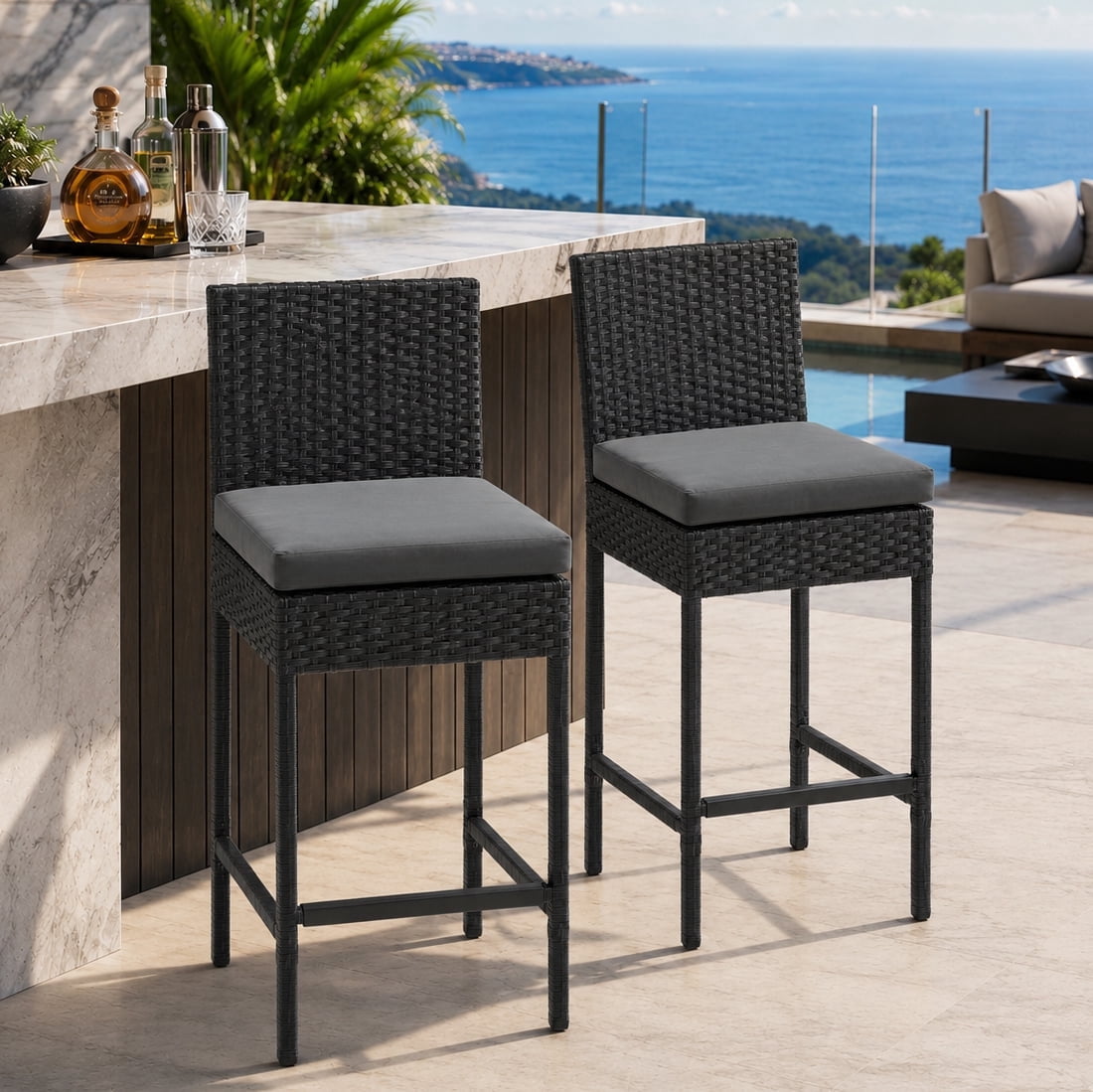 Relax Stool Danrelax, Outdoor Wicker Bar Stools, Set of 2, Black - Walmart.com