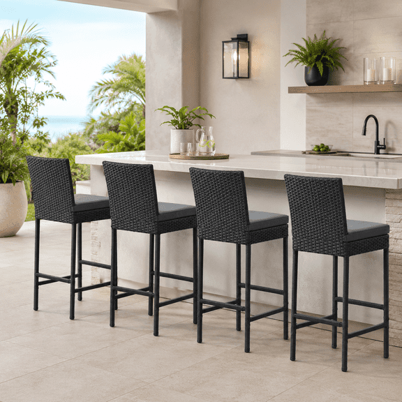 Danrelax Outdoor Wicker Bar Stools Set of 4, Rattan Counter Height Patio Chairs with Cushions for Balcony Garden Lawn, Black