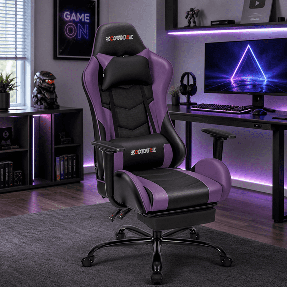 Danrelax Massage Gaming Chair with Footrest, Ergonomic PU Leather Racing Office Chair with Headrest and Lumbar Pillow, Reclining Computer Chair, Violet