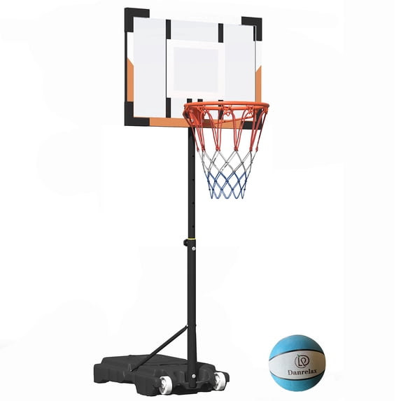 Danrelax Pool Basketball Hoop, Height Adjustable 3.9" to 6.9", Orange Steel Frame, Water Base, Includes Air Pump, 8-Inch Rubber Ball, Indoor & Outdoor Use
