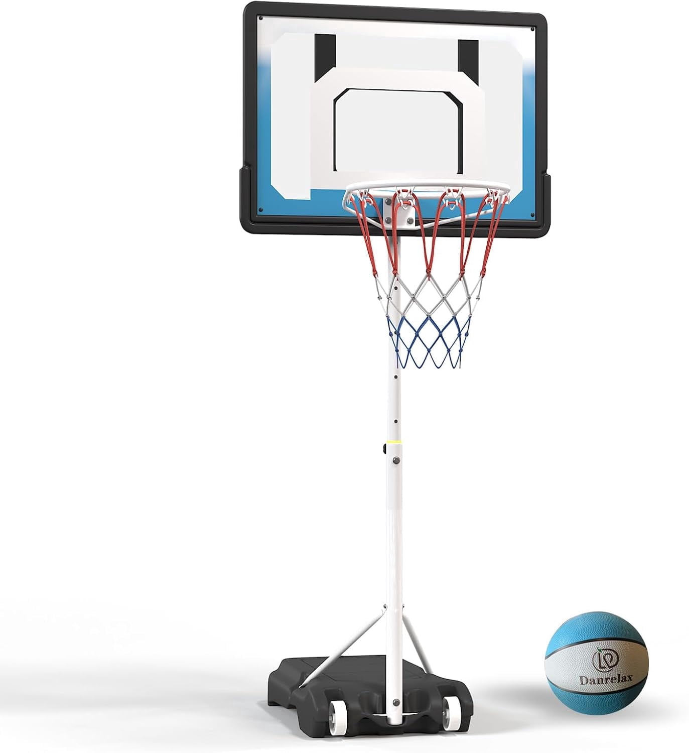 Danrelax Pool Basketball Hoop, Height Adjustable 3.9" to 6.9", Blue PE Frame, Water Base, Includes Air Pump, 8-Inch Rubber Ball, Indoor & Outdoor Use