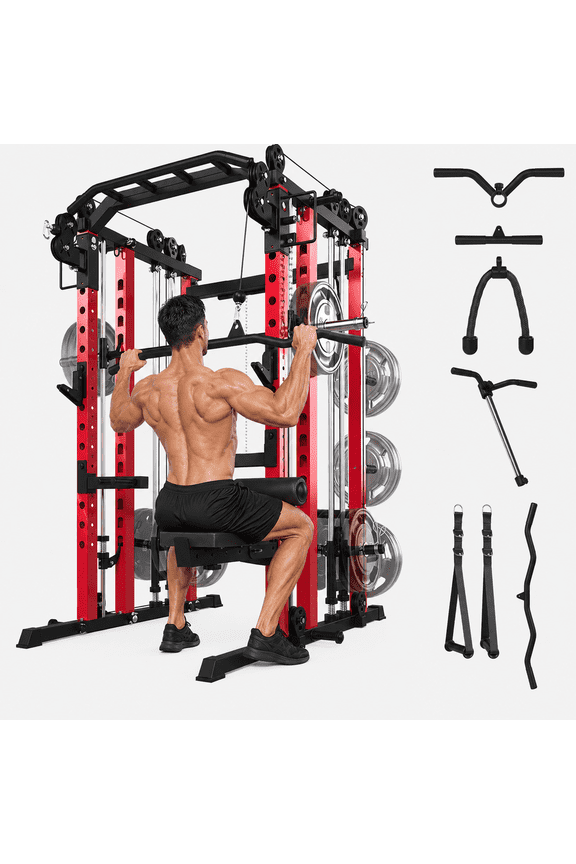 Smith Machine Home Gym, 2000 lbs Power Cage with LAT Pulldown, Dual Cable Crossover & Pulley System, All-in-One Squat Rack for Strength Training, Bench Press, Garage Gym