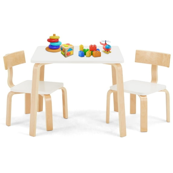 Danrelax White Solid Wood Kids Activity Table and Chair Set 3-Piece, Durable Birch Veneer, Playroom Furniture