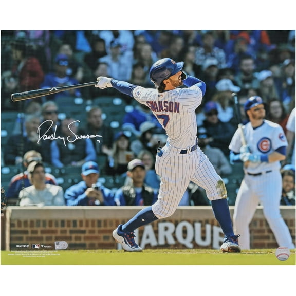 Dansby Swanson Chicago Cubs Autographed 16" x 20" White Jersey Swinging Photograph - Fanatics Authentic Certified