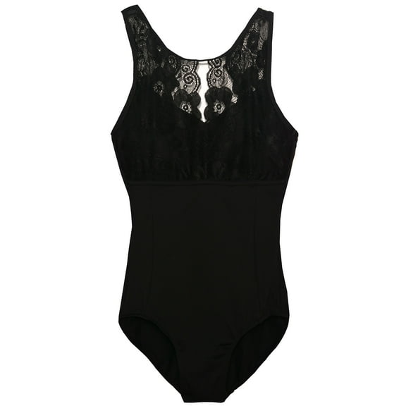 Danshuz Girls Black Peekaboo Tank Lace Overlay Dance Leotard 12-14