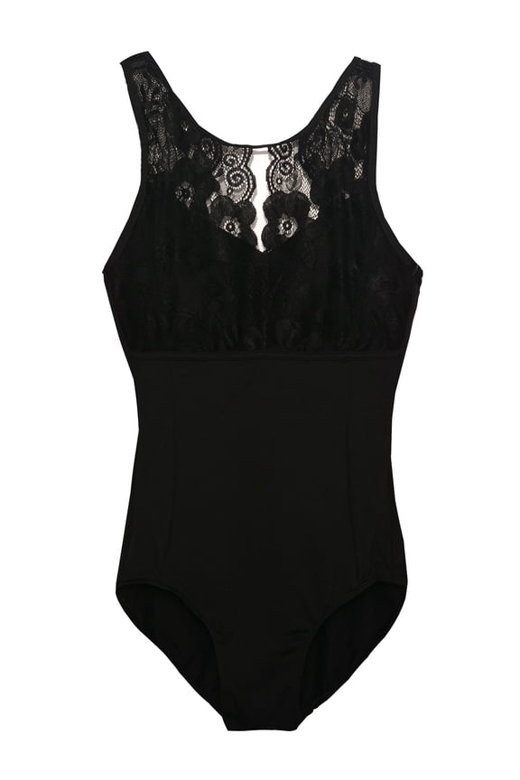 Girls Black Peekaboo Tank Lace Overlay Dance Leotard 12-14