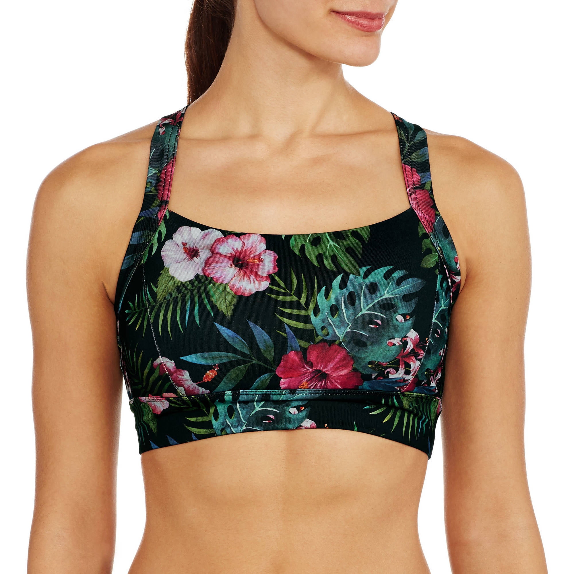 Danskin Now Women's Medium Impact Tropical Print Sports Bra with Open Back