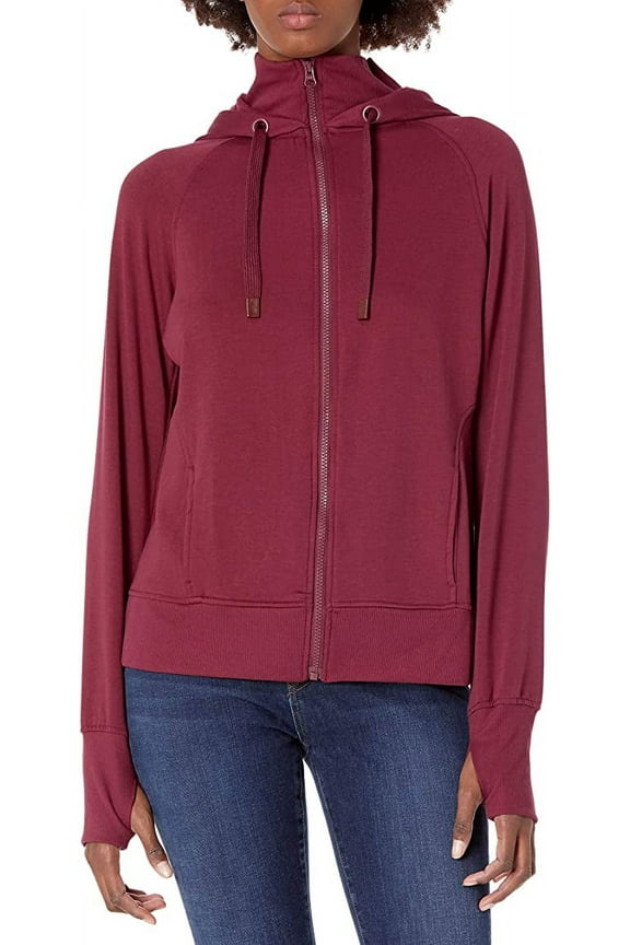 Women's Double Collar Full Zip Hooded Jacket, (Burgundy, X-Small)