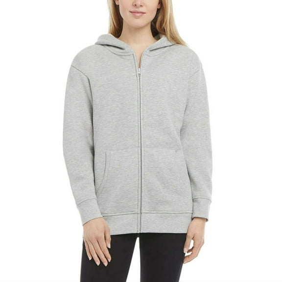 Danskin Women's Kangaroo Pockets Cotton Blend Soft Brushed Fleece Casual Active Full Zip Hoodie-Gray / S