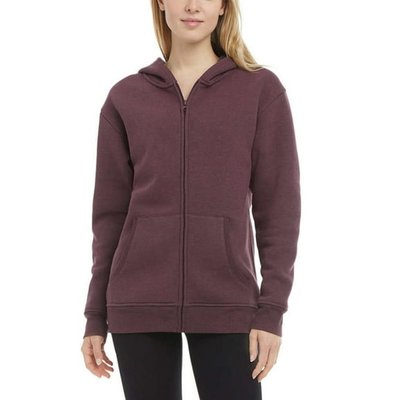 Danskin Women's Kangaroo Pockets Cotton Blend Soft Brushed Fleece Casual Active Full Zip Hoodie-Red / M