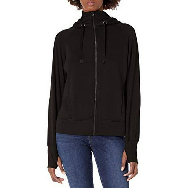 Danskin Womens Double Collar Full Zip Hooded Jacket Black X Small