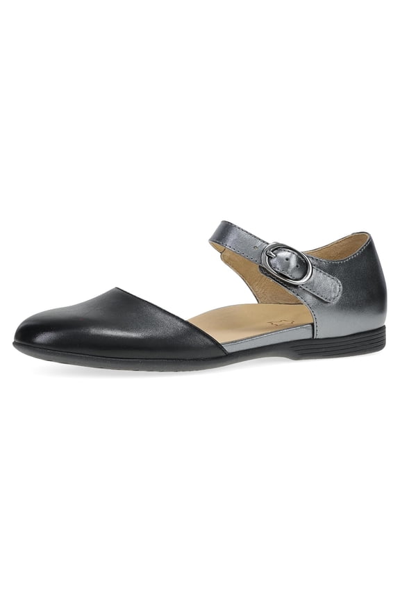 Liv D'Orsay Mary Jane Flats for Women - Arch Support, Soft Leather, Adjustable Buckle, All-Day Comfort, Quality Construction Black/Pewter Metallic 9.5-10 M US