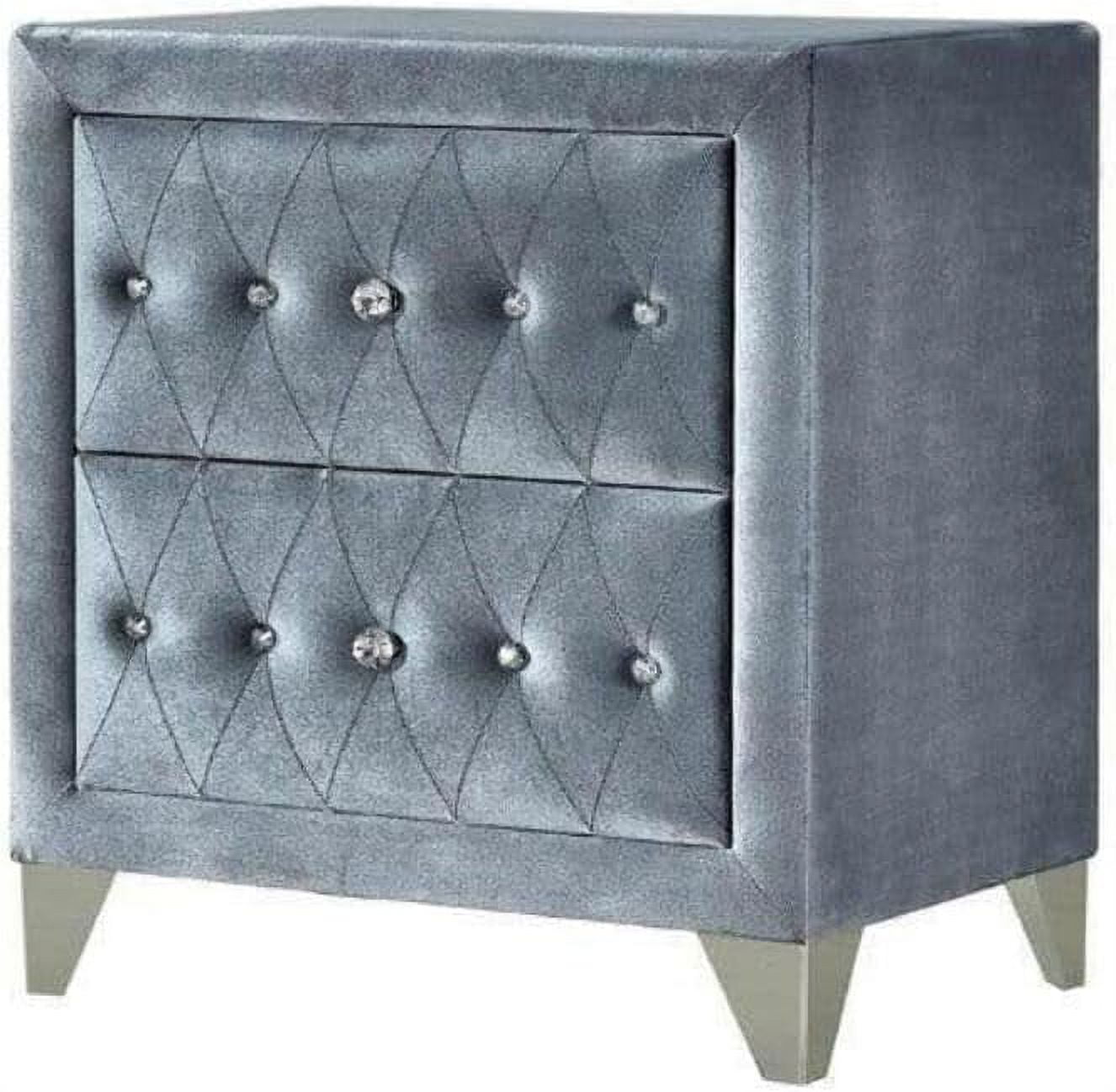 Dante Gray Velvet 2-Drawer Nightstand with Crystal-Like Knobs