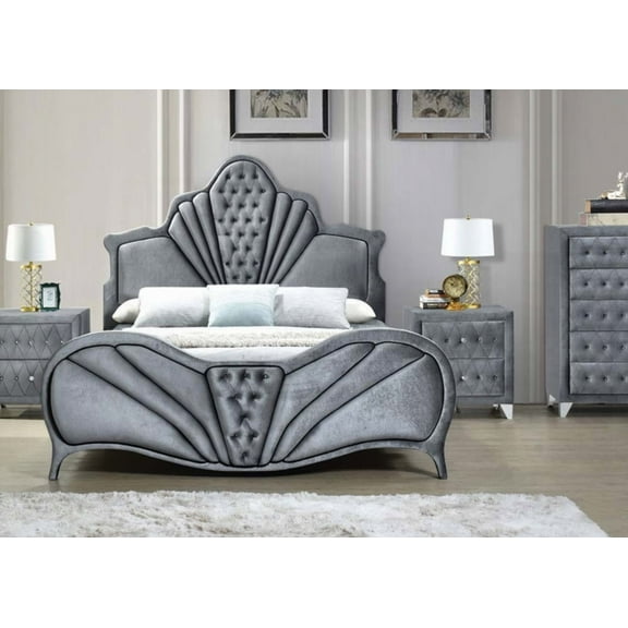 Dante Gray Velvet Queen Bed - Contemporary Tapered Legs & Elegant Design