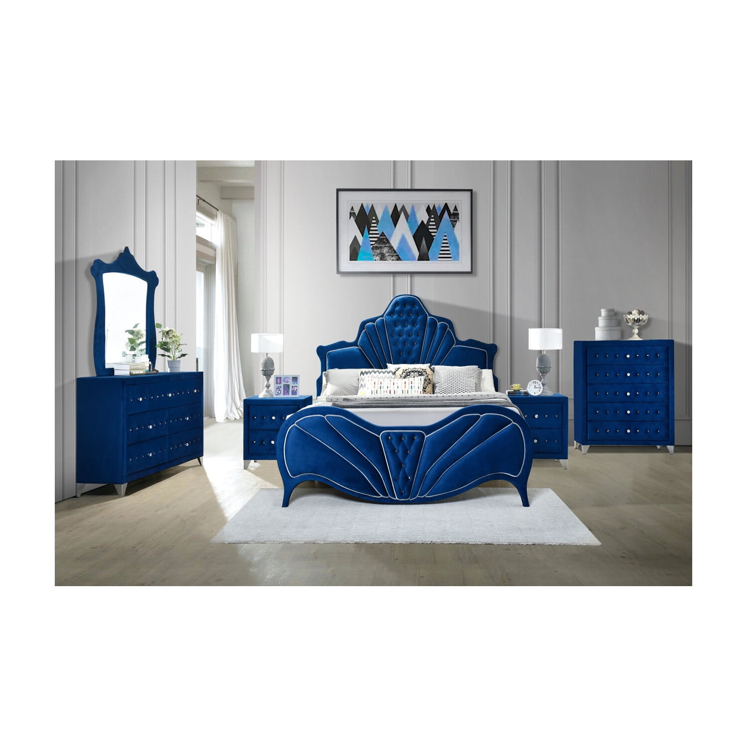 Dante Queen Blue Velvet Upholstered Bed with Tufted Headboard