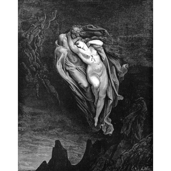 Dante: The Inferno. /Npaolo And Francesca, The Latter Bearing The Mark Of Her Mortal Wound On Her Bosom (Canto V, Lines 72-74). Wood Engraving After Gustave Dore. Poster Print by (24 x 36)