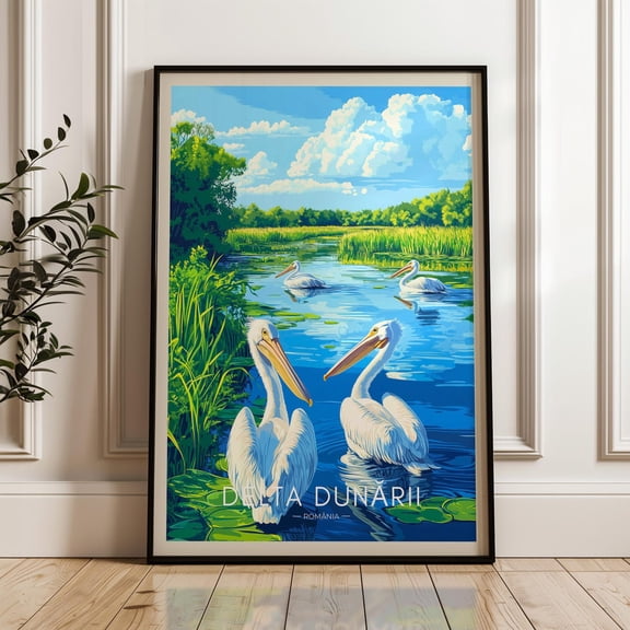 Danube Delta Print, Romania Swampland Illustration Art, Stretched Canvas 8x10in