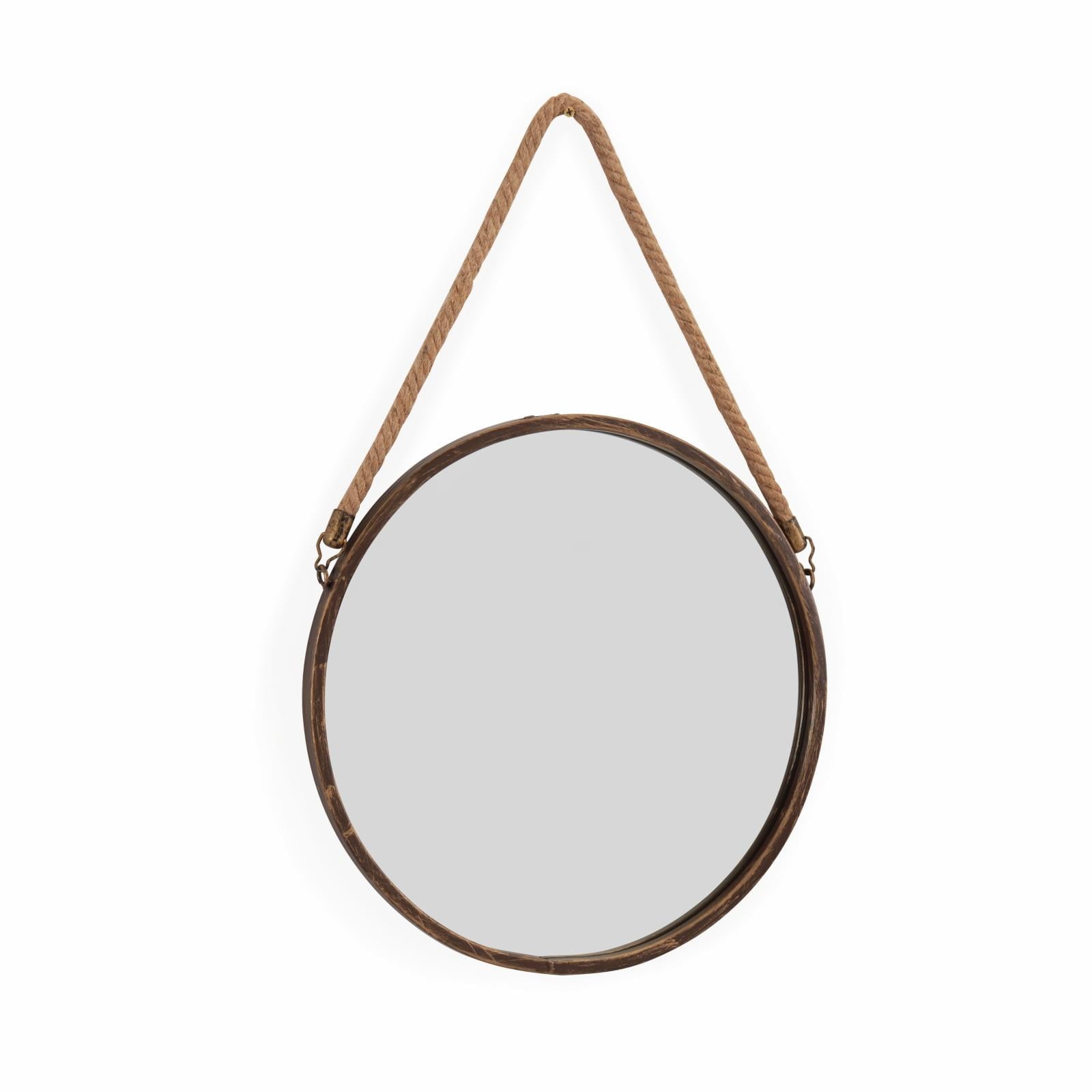 Rustic Round Gold Patina Mirror with Hanging Rope