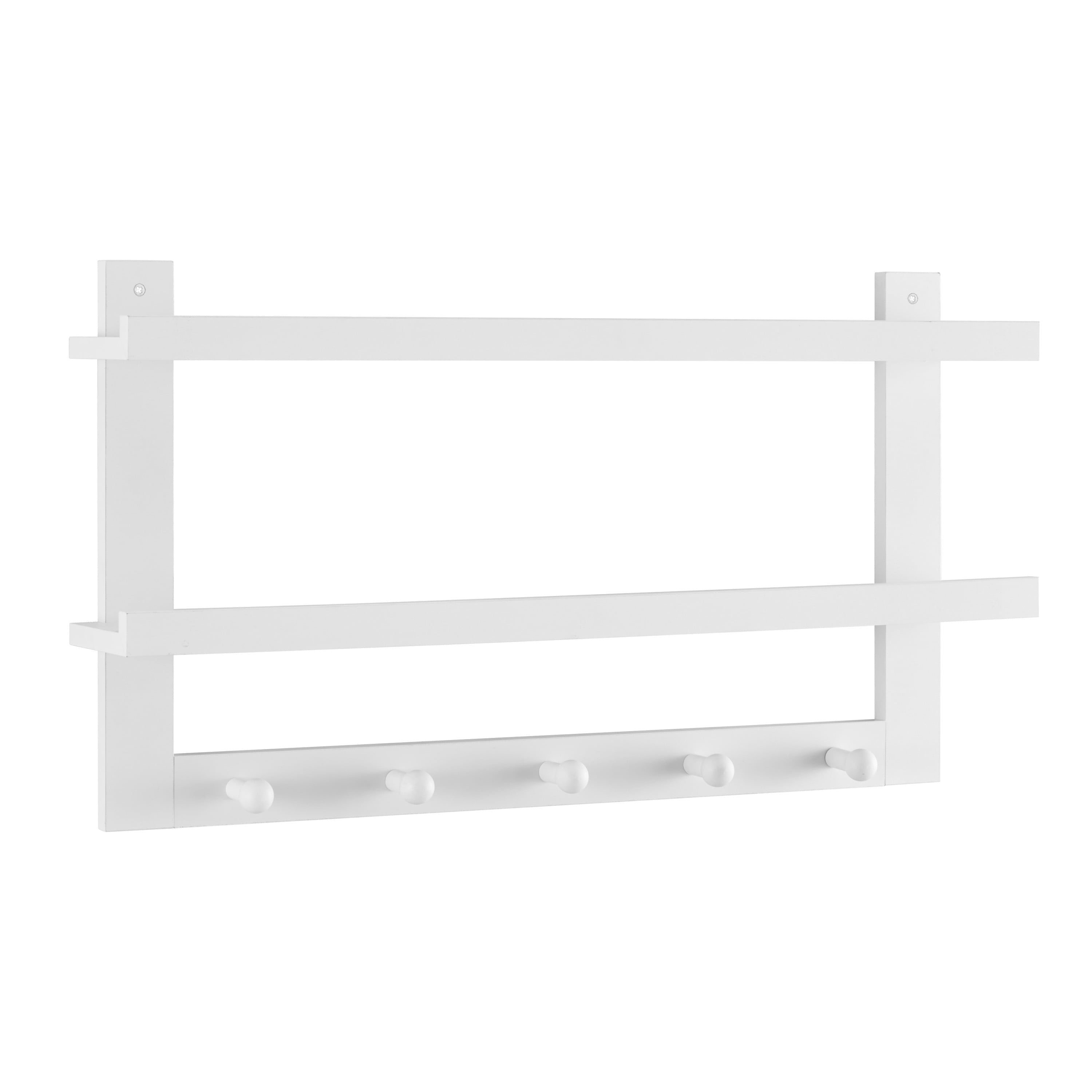 White MDF Two-Tier Floating Wall Shelf with Hooks
