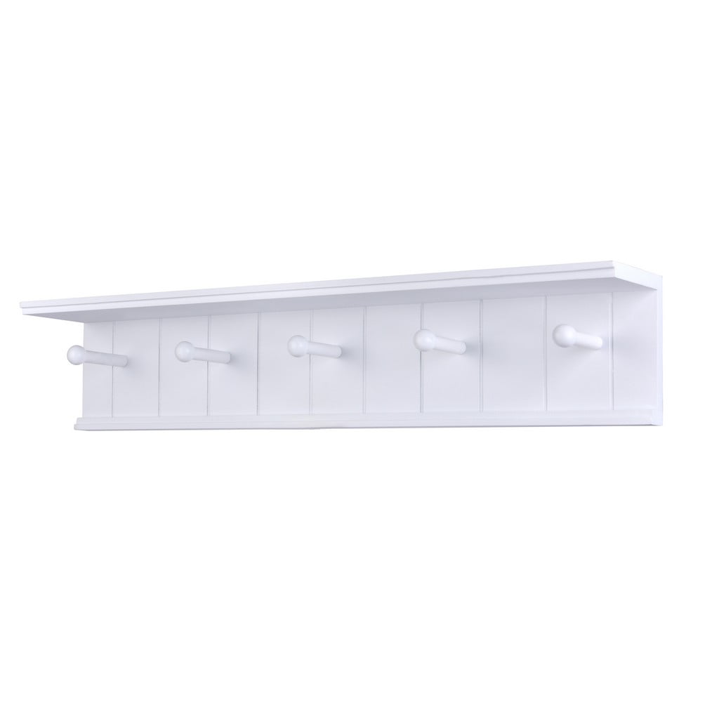 White Wooden Wall Mount Coat Rack with Shelf and 5 Hooks