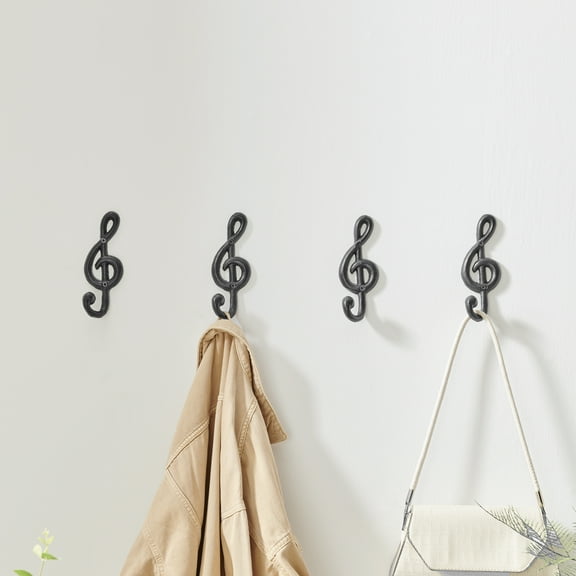 Danya B. 4 Piece Dark Brown Cast Iron Musical Note Treble Clef Decorative Wall Sculpture Figure Utility Hook Set