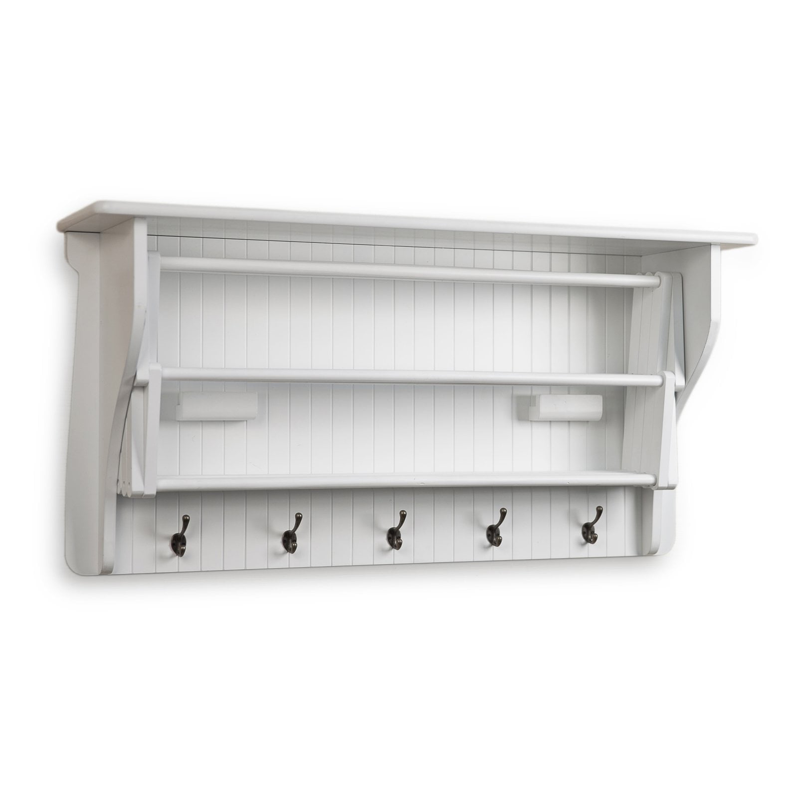 36" White Metal and Wood Wall-Mount Drying Rack with Hooks
