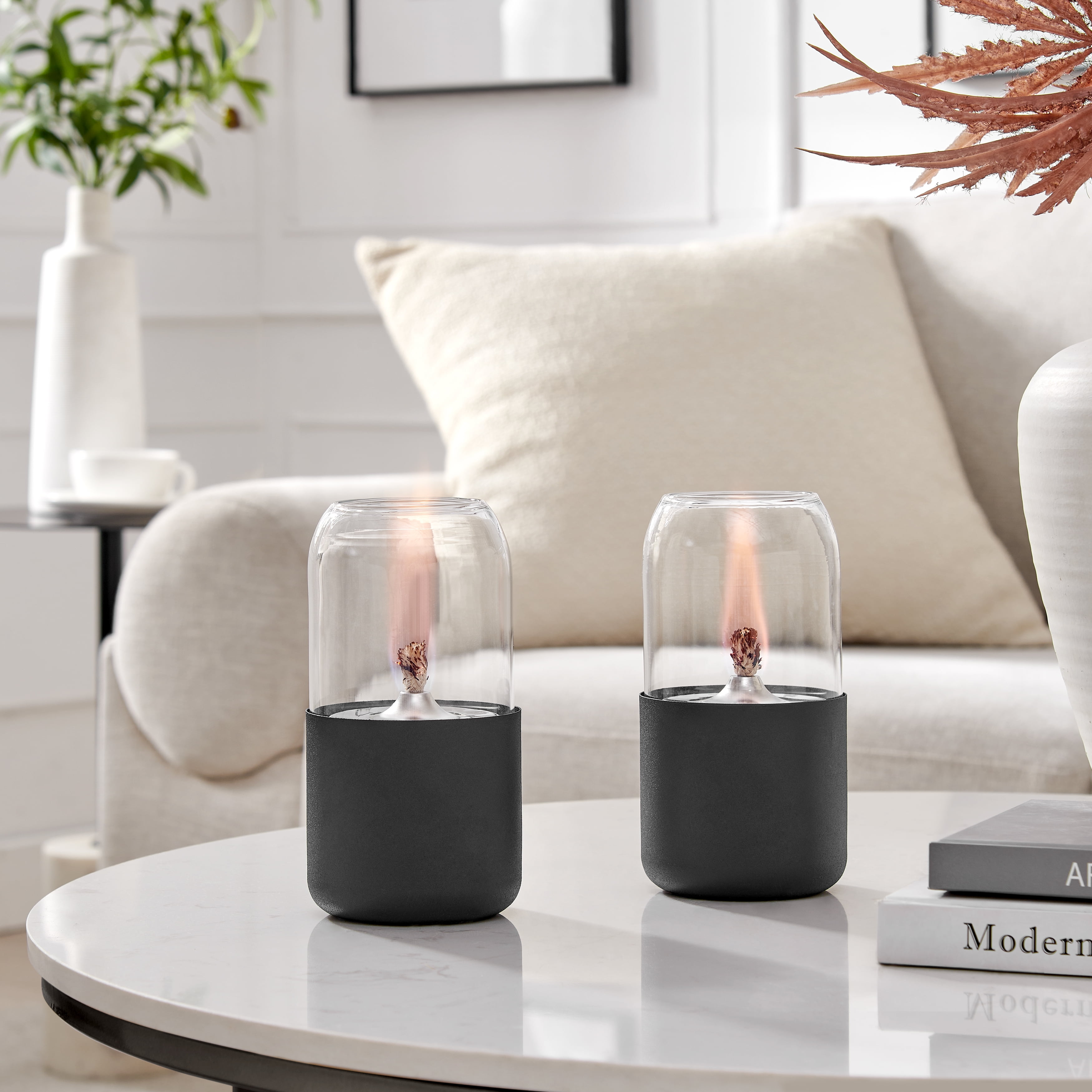 Black Glass and Metal Oil Lamp Set with Rope Wick