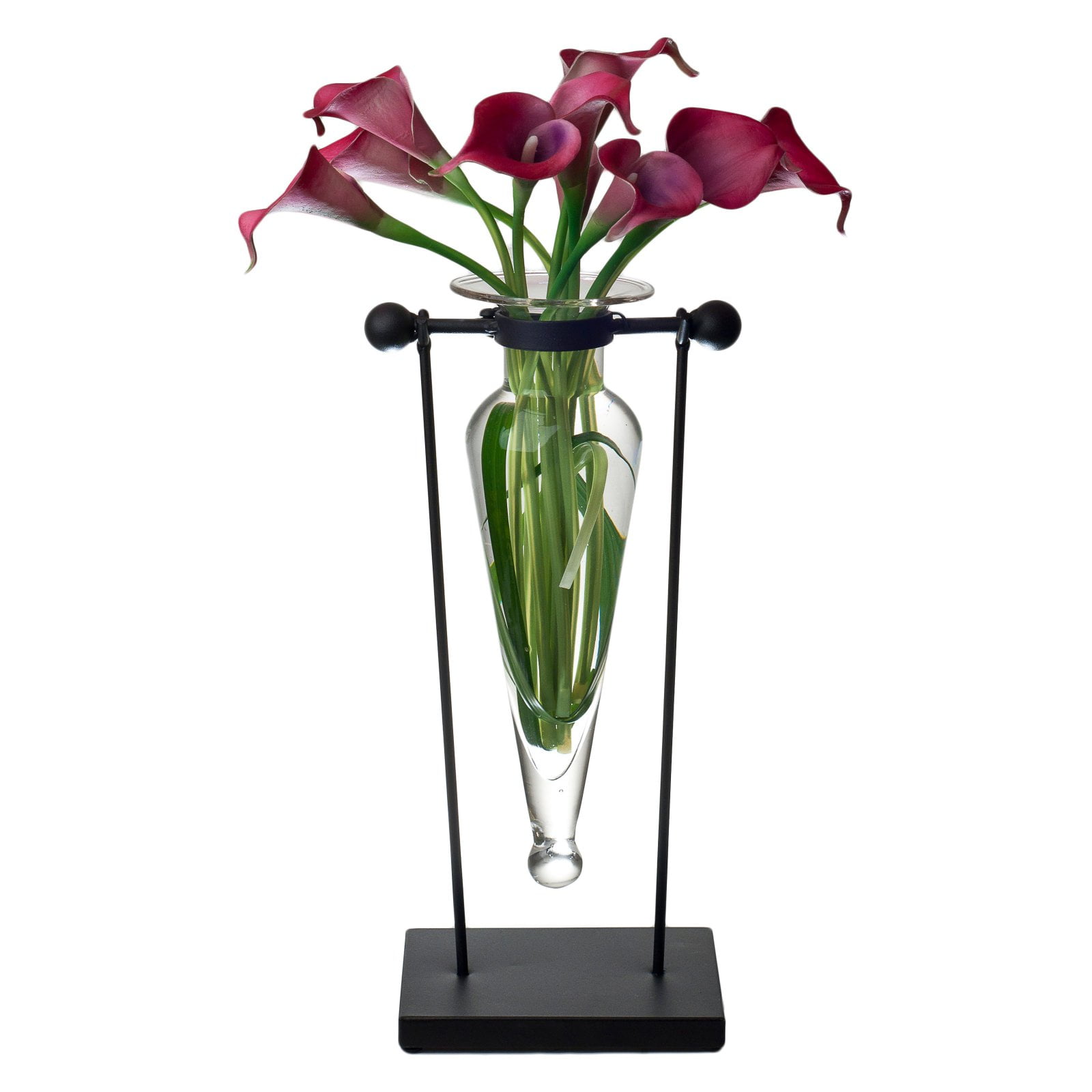 Clear Glass Amphora Vase with Black Iron Stand