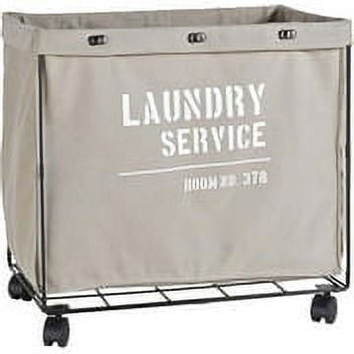 Beige Canvas Collapsible Laundry Hamper with Wheels and Iron Frame