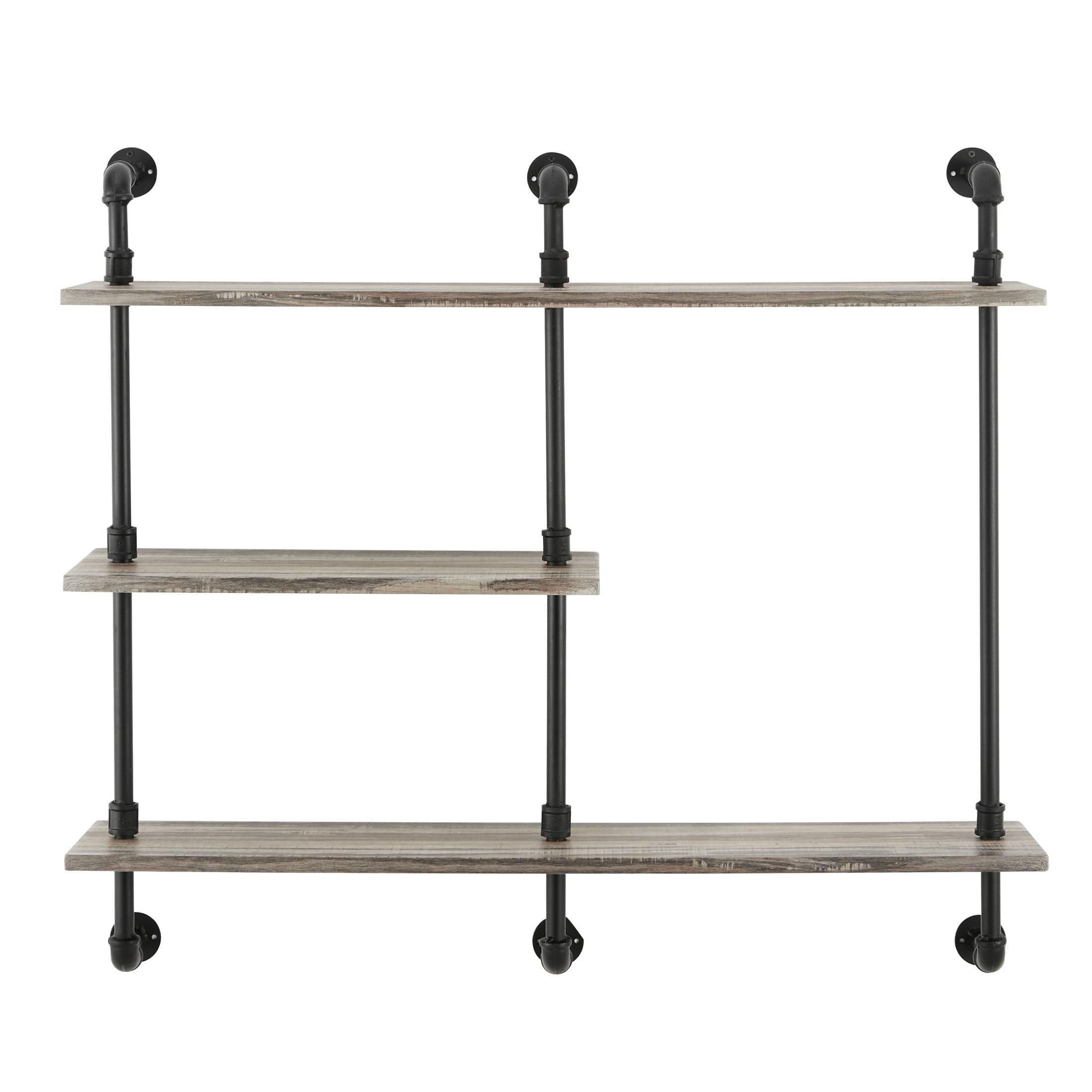 Aurora Rustic Black Iron and Wood 3-Tier Wall Shelf